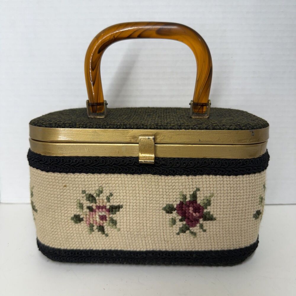 Vintage JR Florida Embroidered Floral Woven Box Purse Brown Lucite Handle 8”